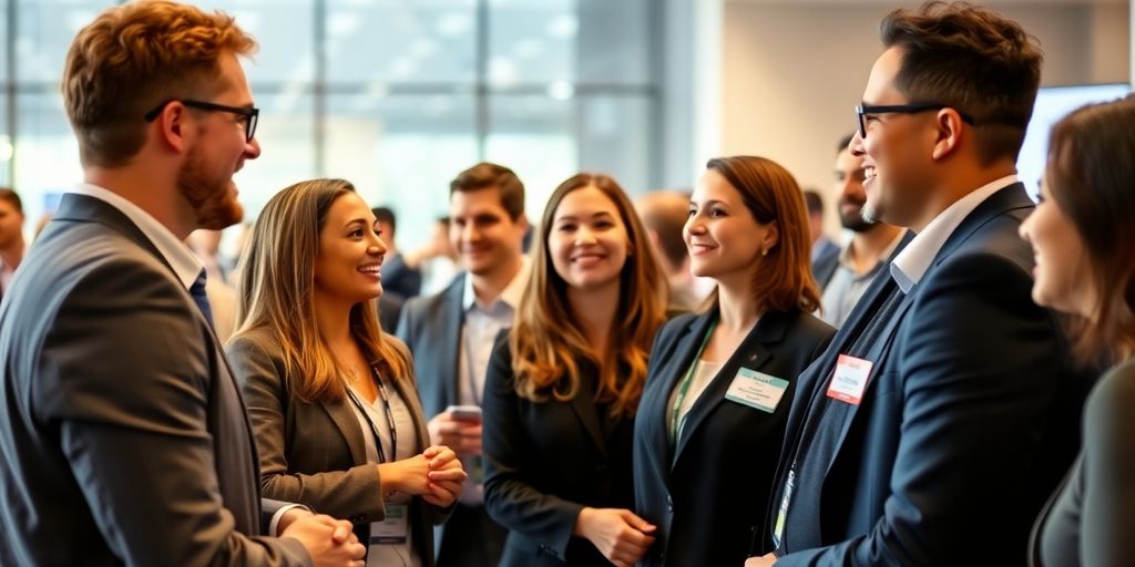 Professional networking, diverse group, subtle HR elements.