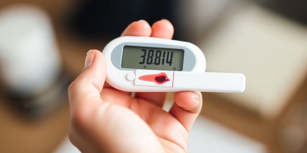 Person holding a glucose meter.
