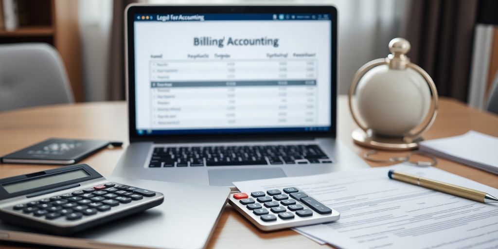 Office workspace with legal accounting tools and documents.