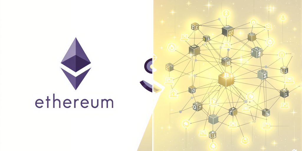 Ethereum logo splitting into network nodes