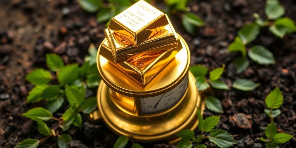 Lingots d'or empilés sur une balance avec des feuilles et de la terre