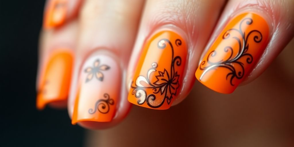 Unhas decoradas em laranja radiante com padrões criativos.