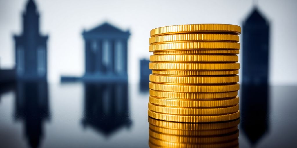 Pièces d'or sur fond de symboles financiers.