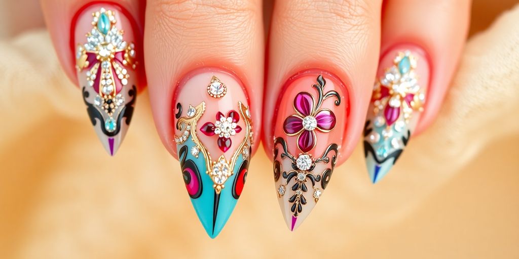 Unhas bailarina decoradas com cores vibrantes e brilhos.