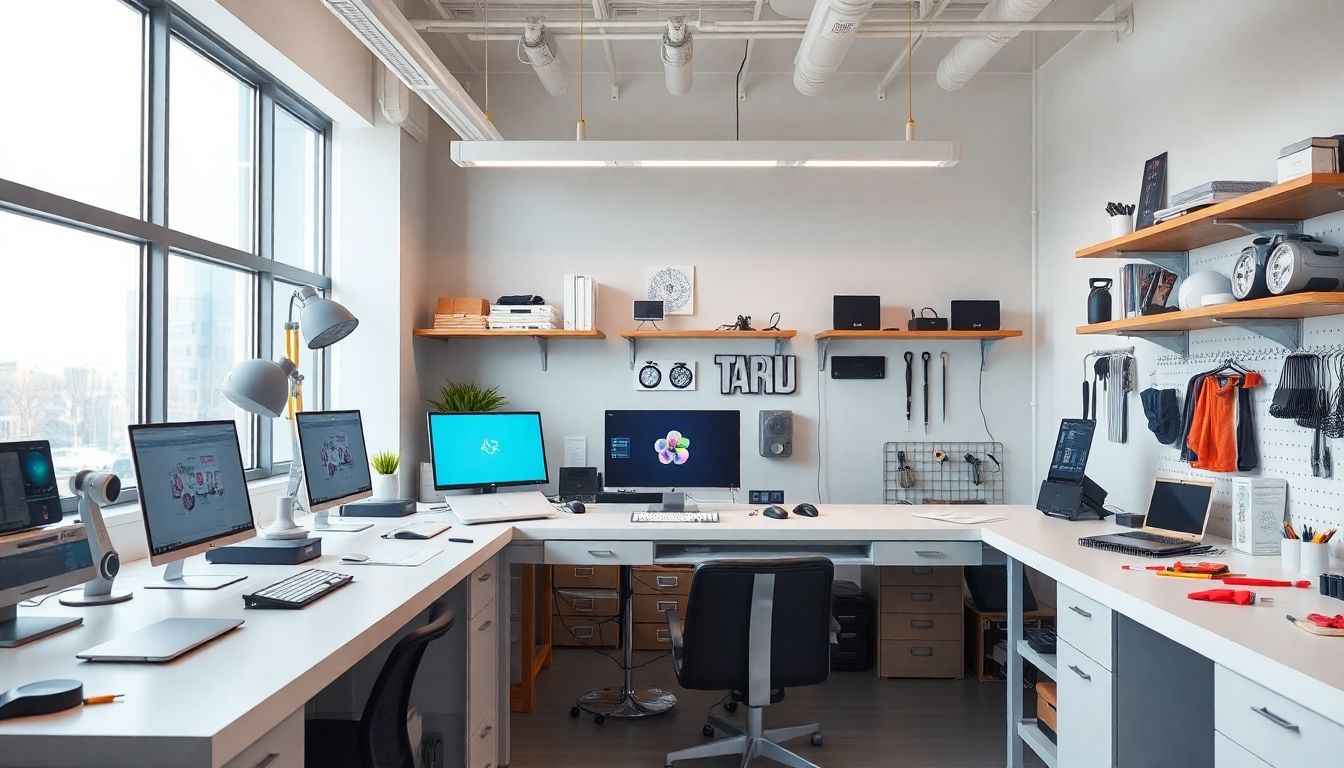 Modern workspace with advanced technology and sleek gadgets.