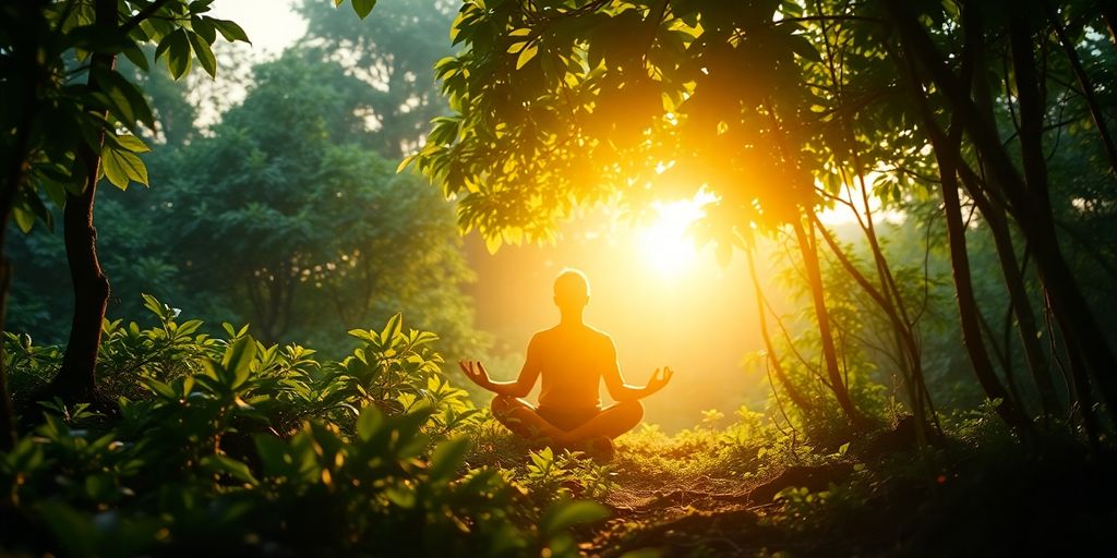 Meditating person in nature, surrounded by greenery and light.