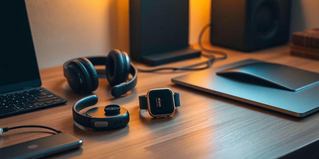 Modern tech gadgets on a stylish wooden desk.