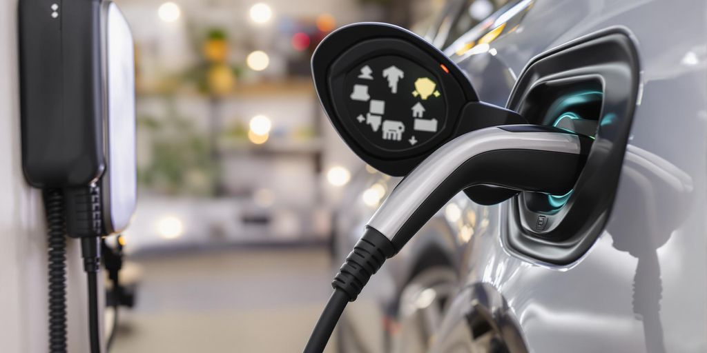 Electric car charging at home station in garage.