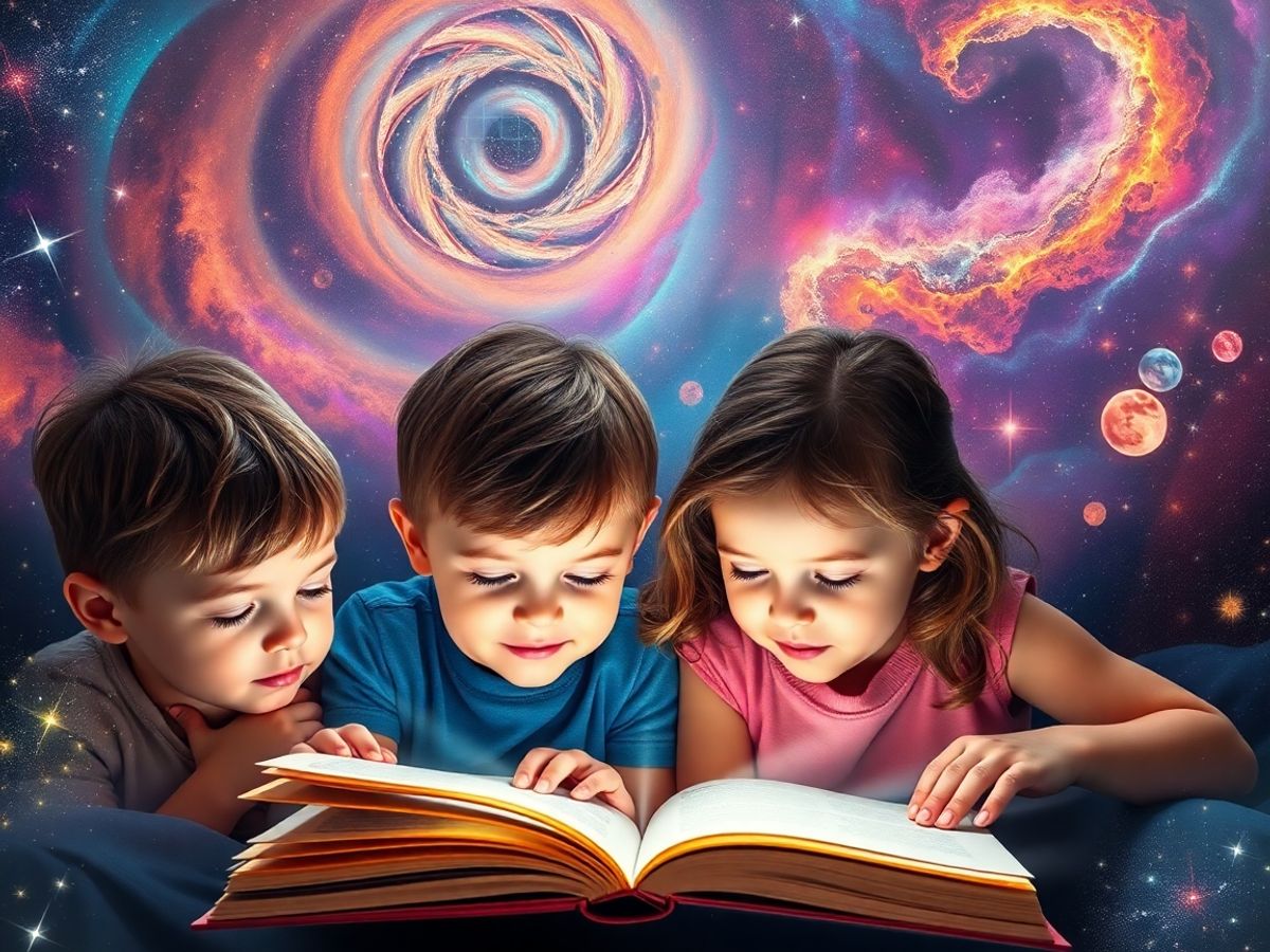 Copii citind și scriind înconjurați de elemente cosmice.