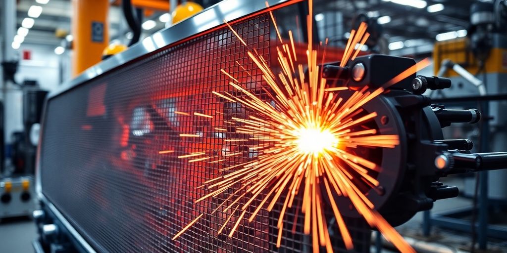 Close-up of automotive mesh welding equipment.