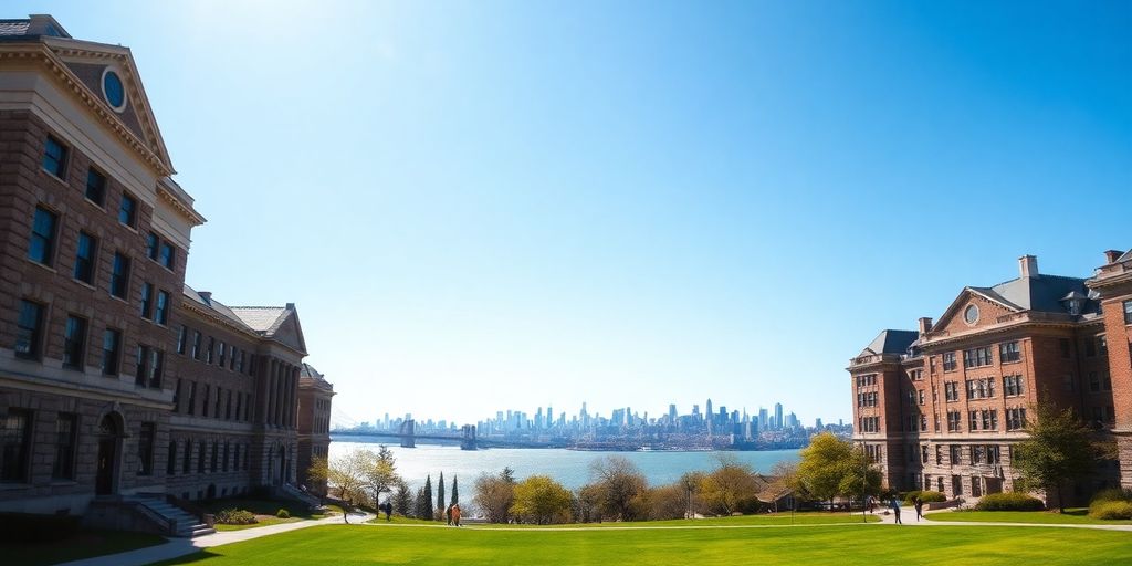 Stevens Institute of Technology campus with Hudson River and Manhattan skyline.