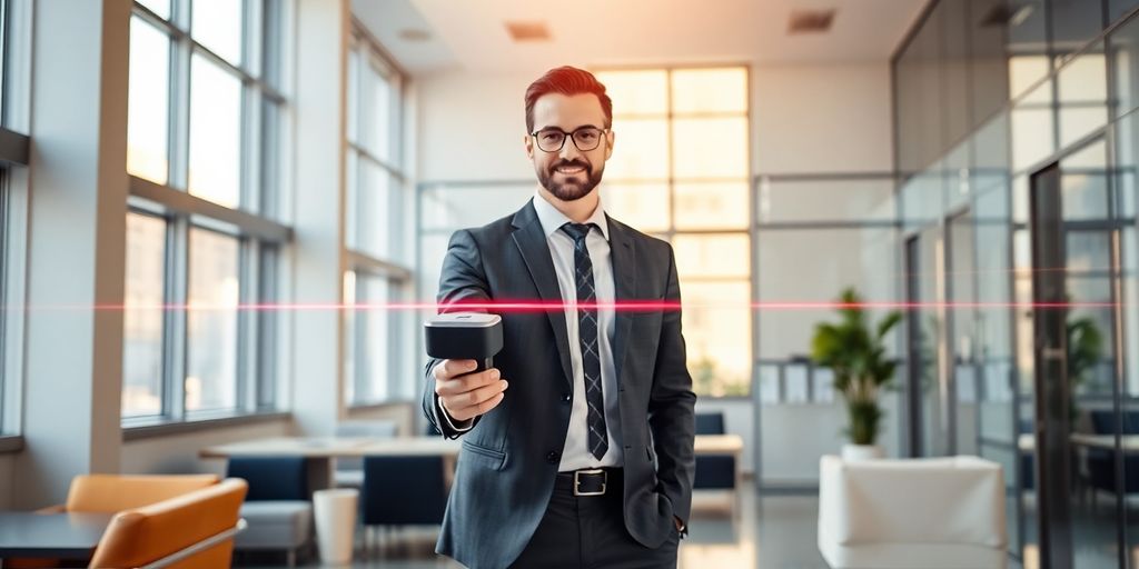 Confident professional holding sleek laser device in bright office environment