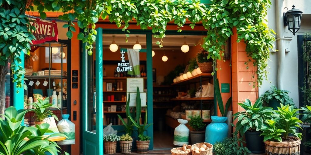 Thriving small business with eco-friendly products and greenery.