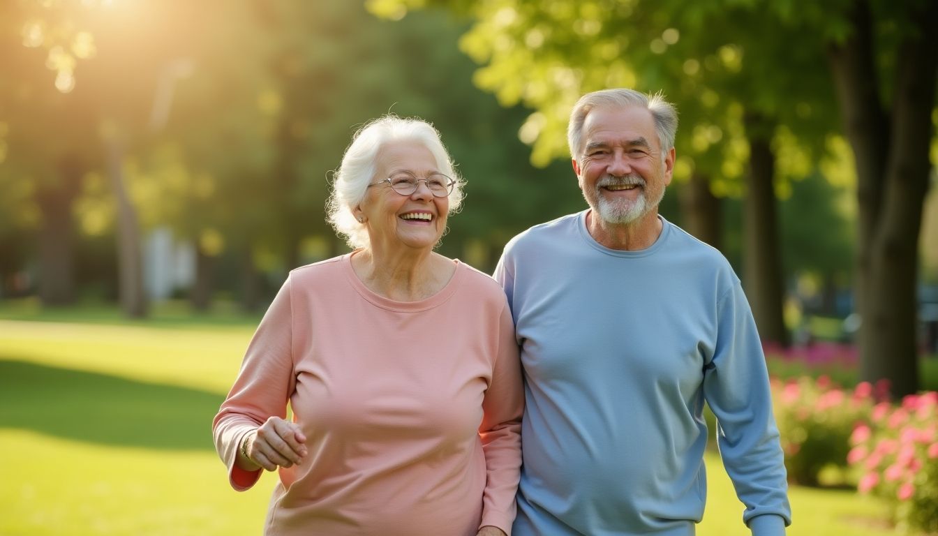 Elderly couple walking in a park, enjoying exercise.
