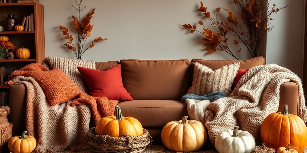 Cozy autumn living room with warm textures and decor.
