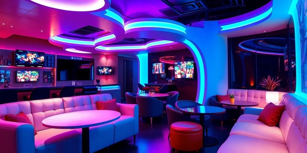 Modern adult entertainment hub with plush seating and lighting.