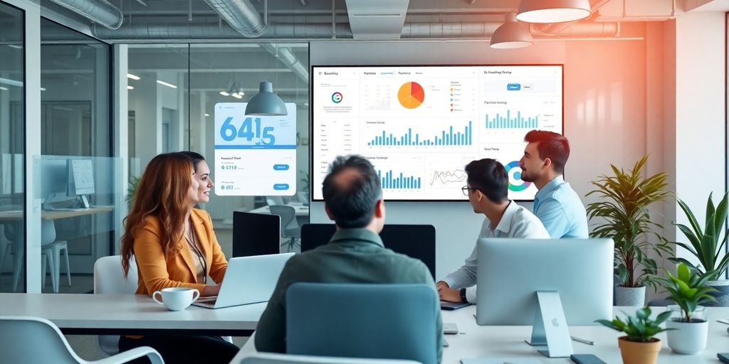 Profissionais de marketing digital em um escritório moderno.