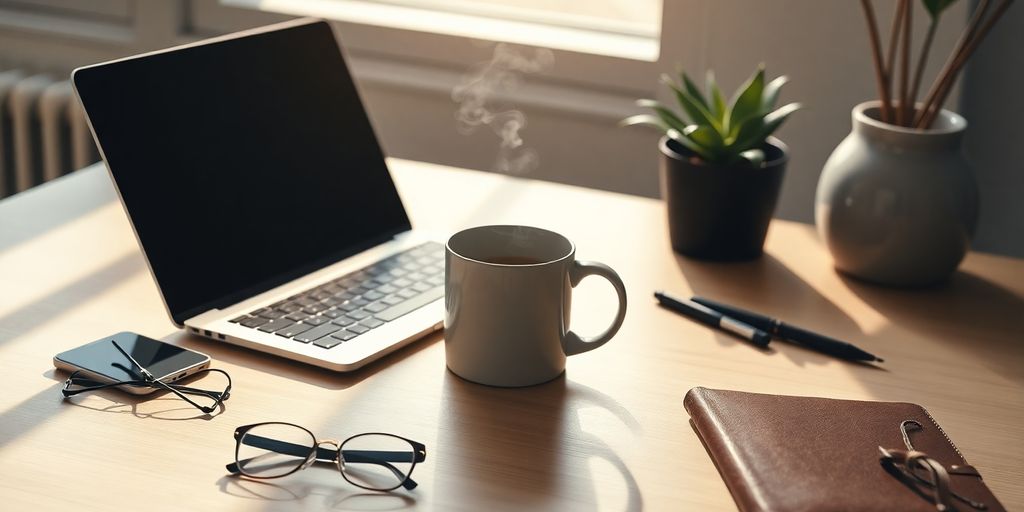 Person working on laptop at bright minimalist desk with coffee