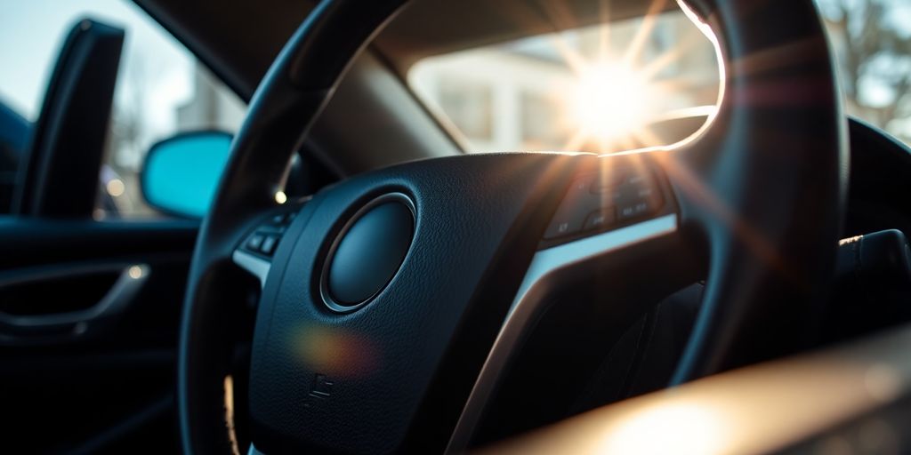 Car dashboard and steering wheel with sunlight.