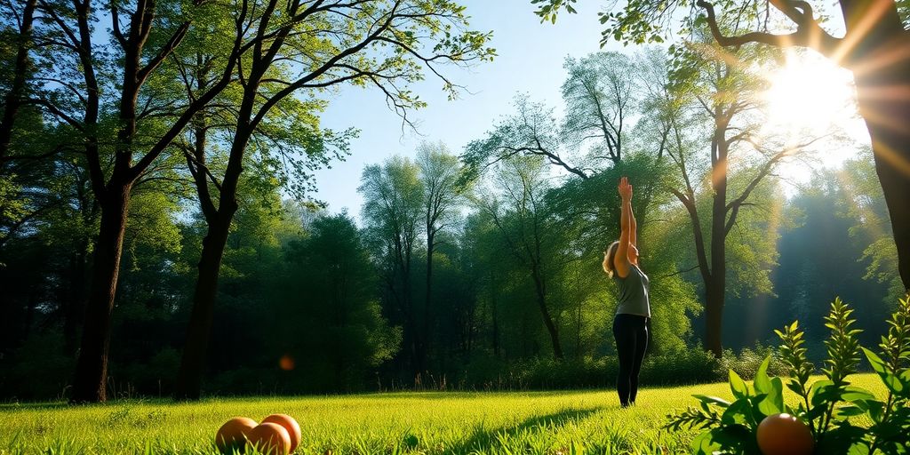 Person practicing yoga in a peaceful natural setting.