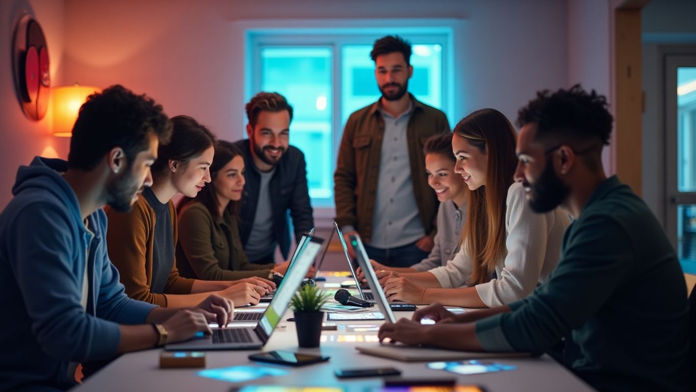 Diverse creators collaborating in a modern workspace.
