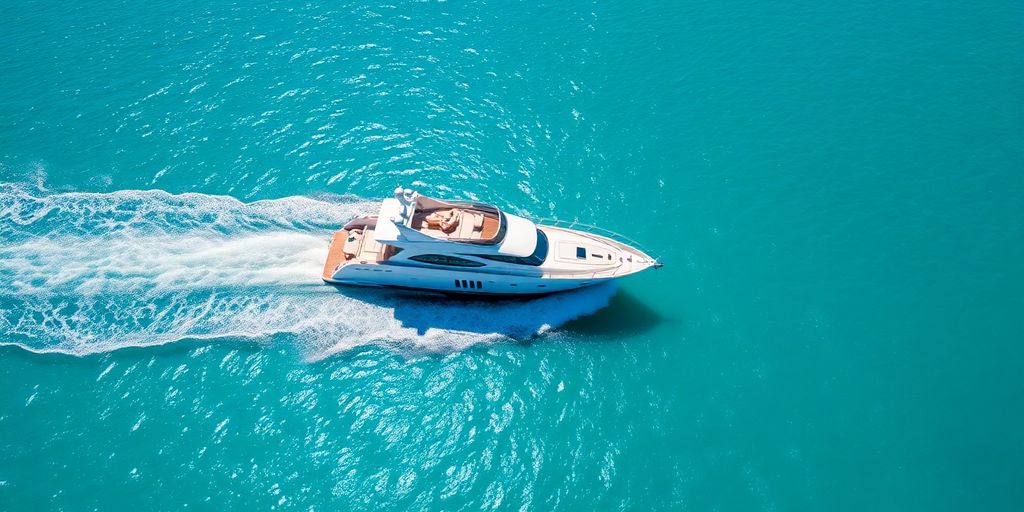Sleek yacht sailing on clear blue water.