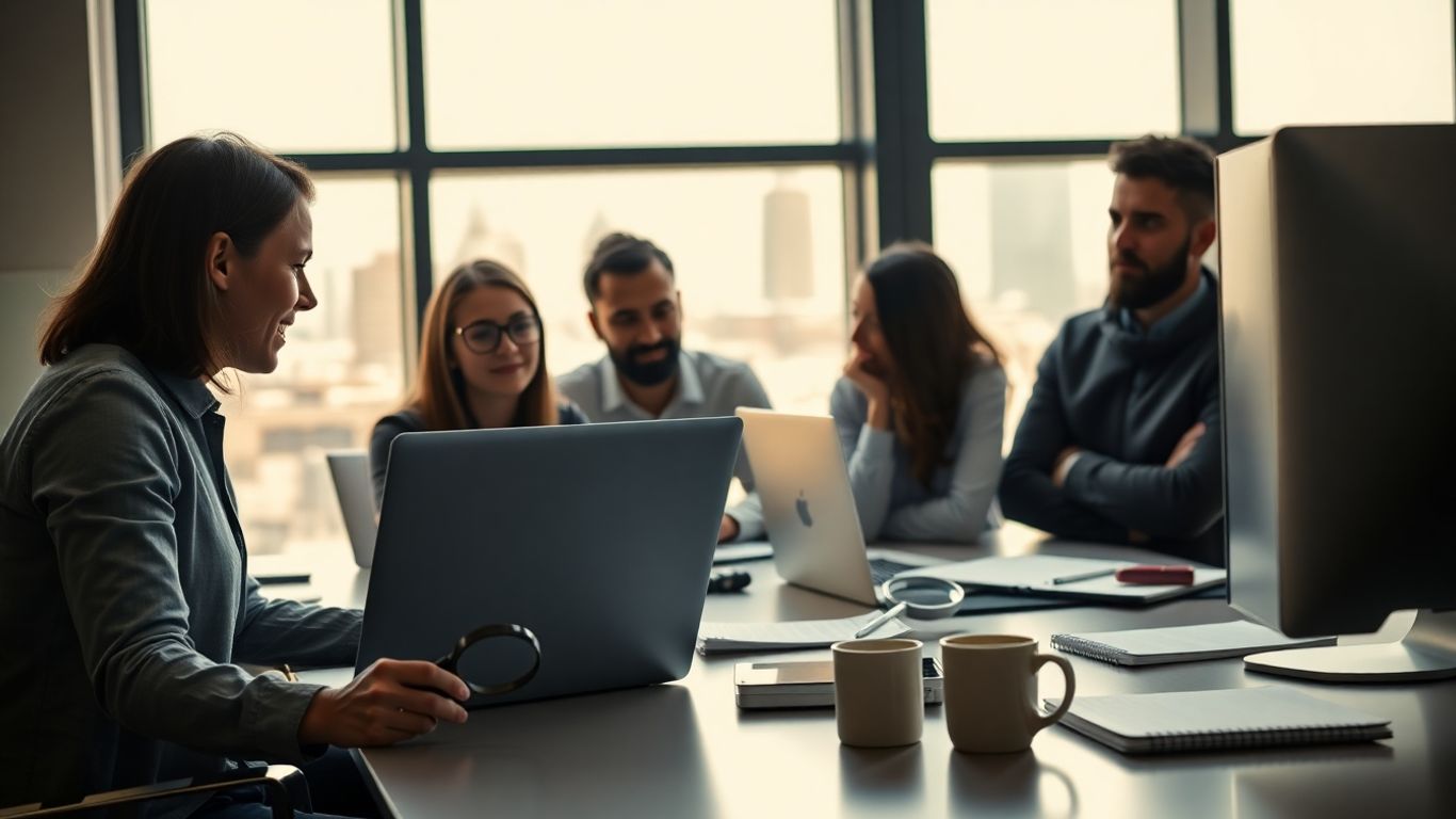 Small business team with laptops, magnifying glass, office, city skyline.