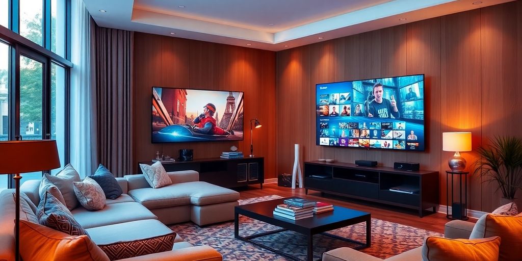 Living room cu televizor și conținut IPTV.