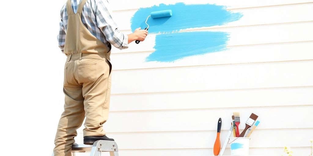 Painter in overalls on ladder applying bright blue paint outdoors