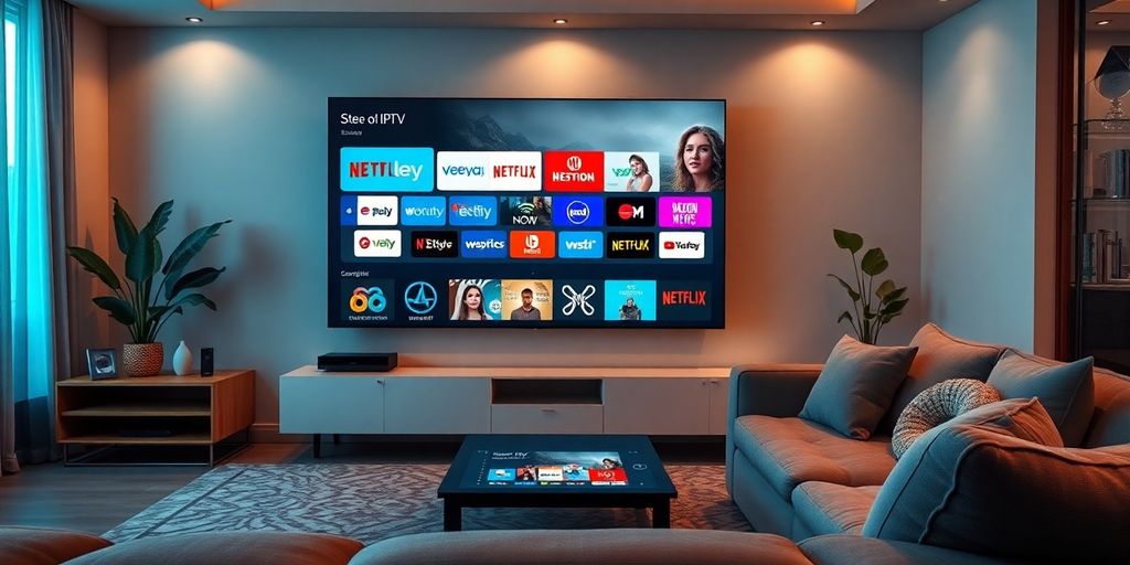 صورة لغرفة معيشة حديثة تعرض خدمات IPTV