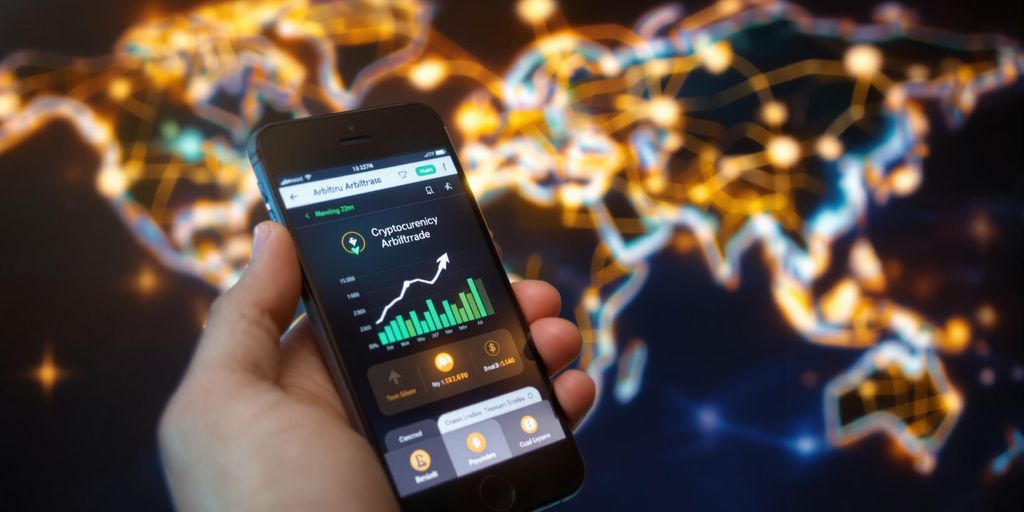 Hands holding phone with crypto app, arrows, global map.
