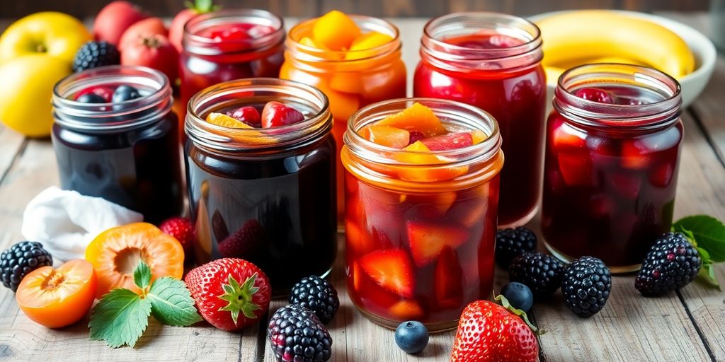 Borcan cu dulceata si fructe proaspete pe masa.