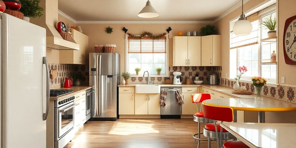Bright kitchen with retro appliances and colorful tiles.