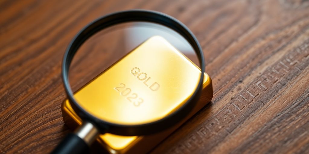 Lingot d'or sur une table en bois avec une loupe.