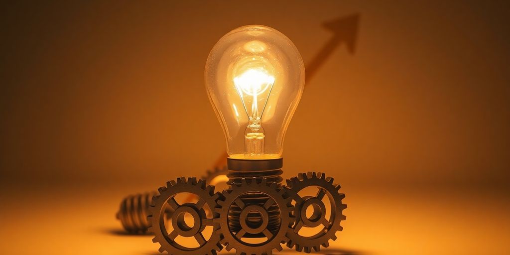 Lightbulb glowing, gears interlinking, upward arrow.