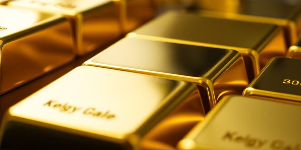 Barres d'or brillantes empilées sur fond flou.