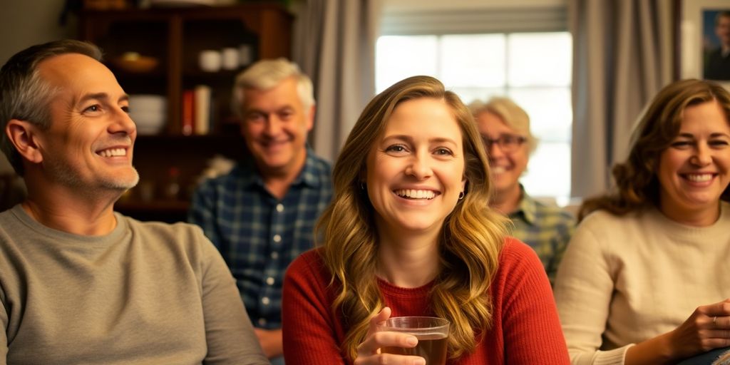 Jenna Fischer smiling with family in a cozy home.