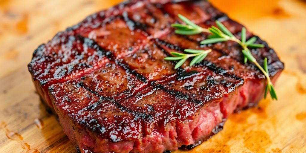 Juicy grass-fed beef steak on a rustic wooden board.