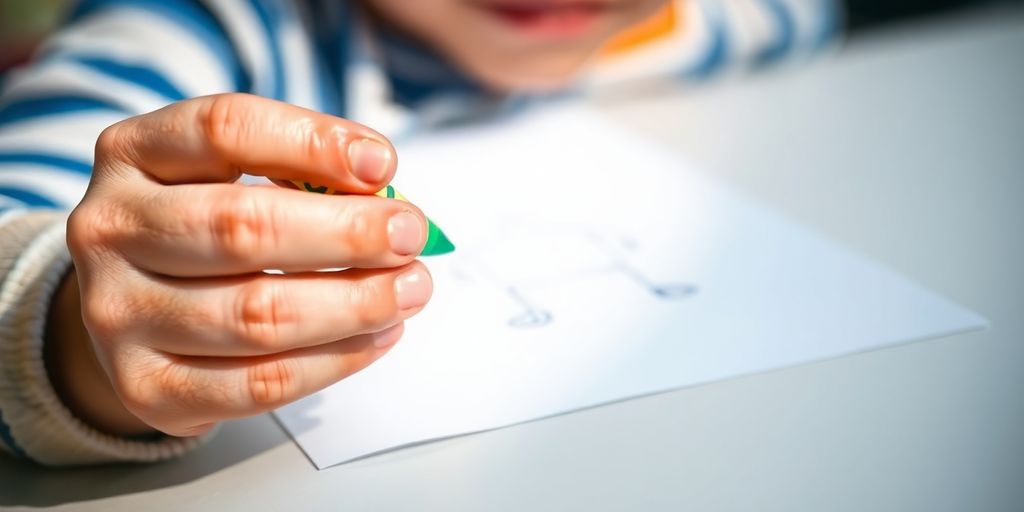Child drawing invention on paper with colorful crayons.