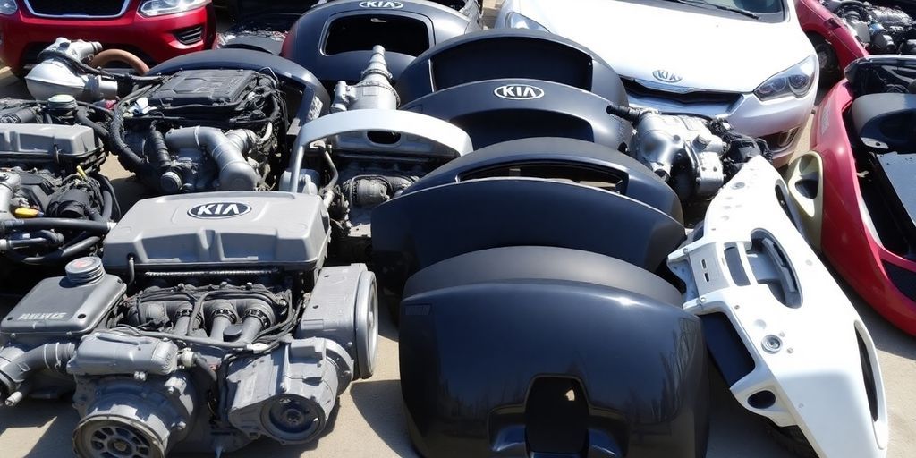 Hands holding various used Kia car parts.