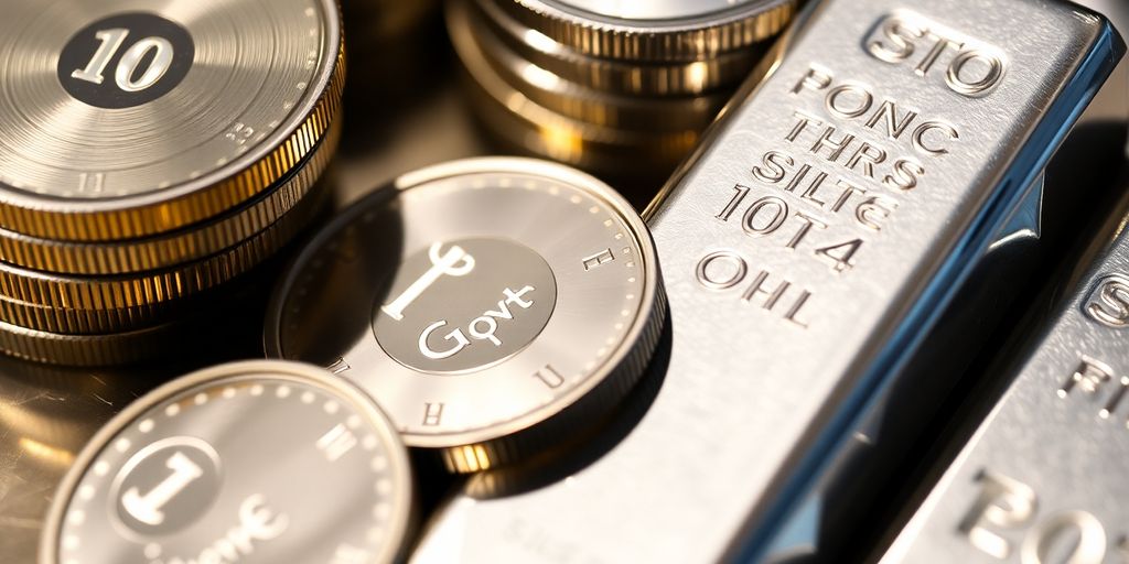 Pièces d'argent brillantes empilées et lingots d'argent.