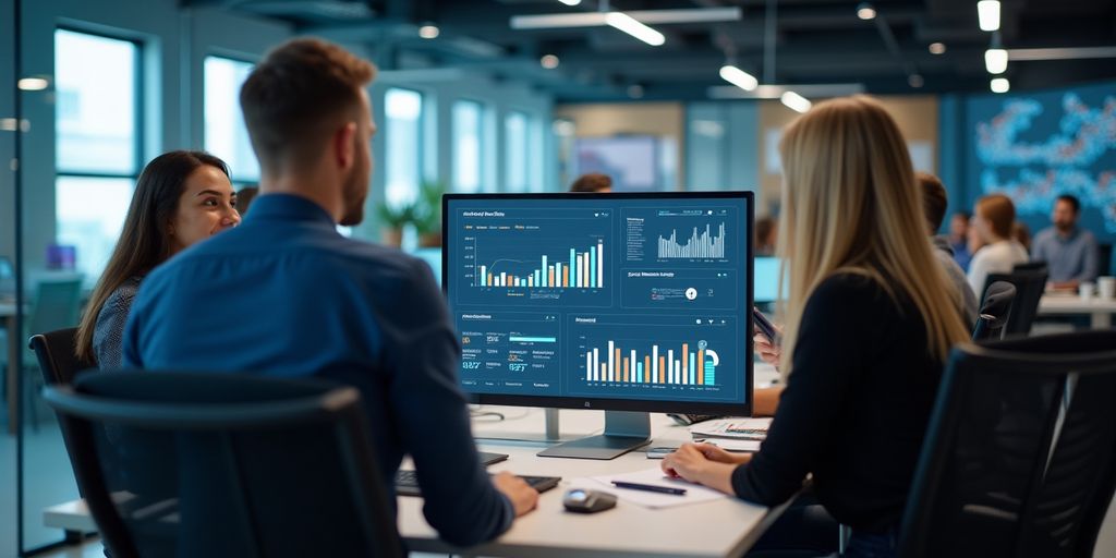 Profissionais de marketing digital em escritório moderno.