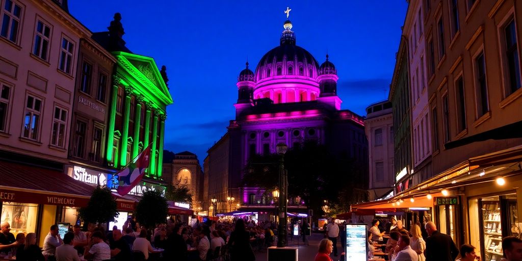Berlin nightlife with lively streets and colorful lights.