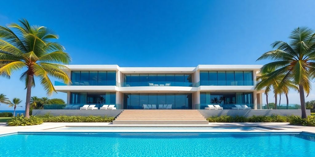 Luxury Miami home with ocean views, palm trees.