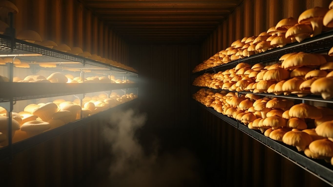 Mushroom farm inside a shipping container