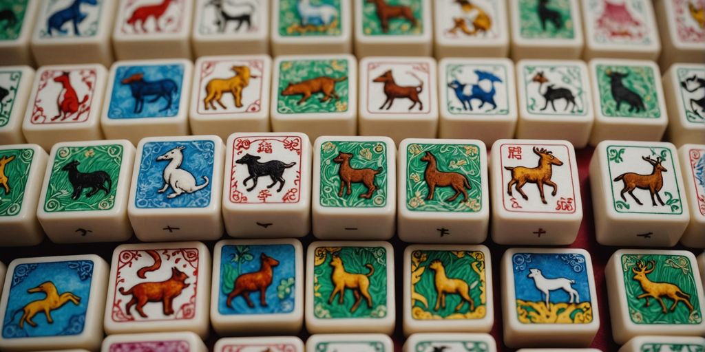 Mahjong tiles with detailed animal illustrations on each piece.