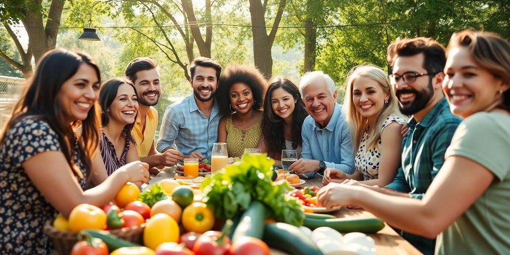 Friends enjoying a healthy meal in a sunny outdoor setting.