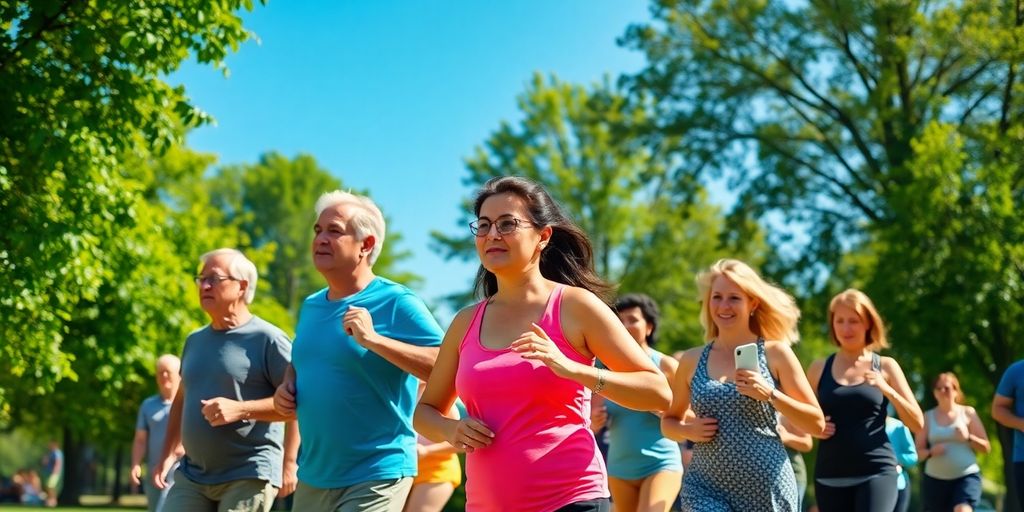 Group of diverse people exercising outdoors.