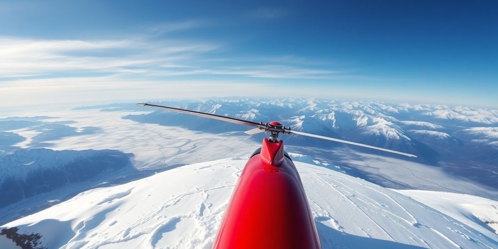 A red helicopter sits on a snowy Alaskan mountain peak.