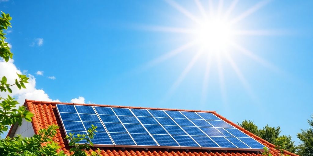 Rooftop solar panels under a sunny blue sky.